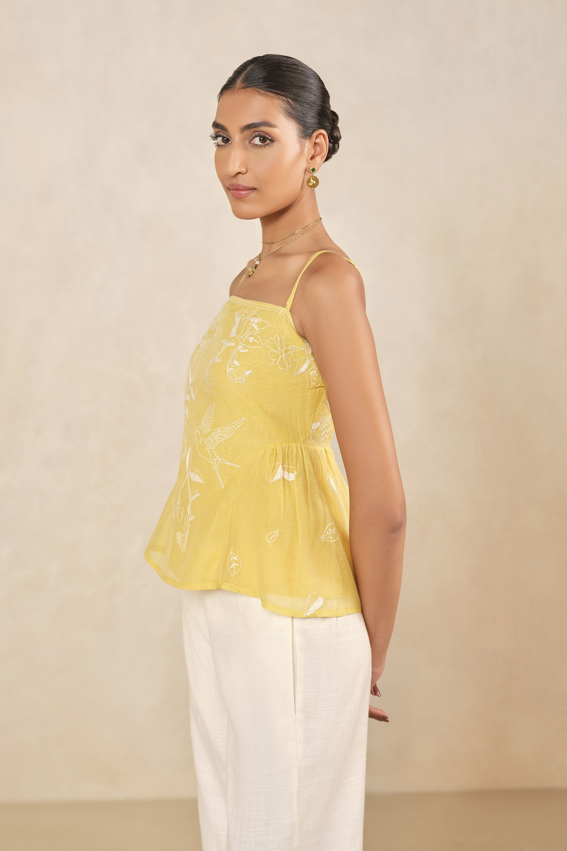 Haiku Hand-embroidered Kantha Mul Top -  Yellow, Yellow, image 3